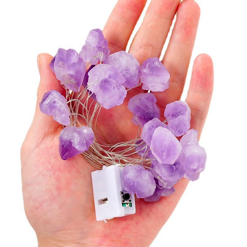 Natural pink, purple and white crystal raw stone gravel diy long strip atmosphere light string Christmas decoration light