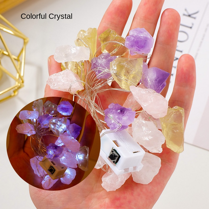 Natural pink, purple and white crystal raw stone gravel diy long strip atmosphere light string Christmas decoration light