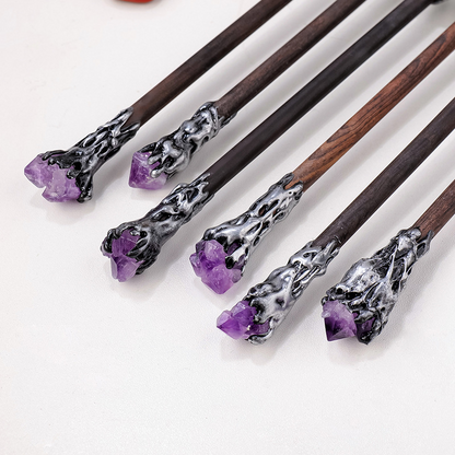 Natural crystal twelve constellations devil eye magic wand scepter amethyst raw stone solid wood fairy wand