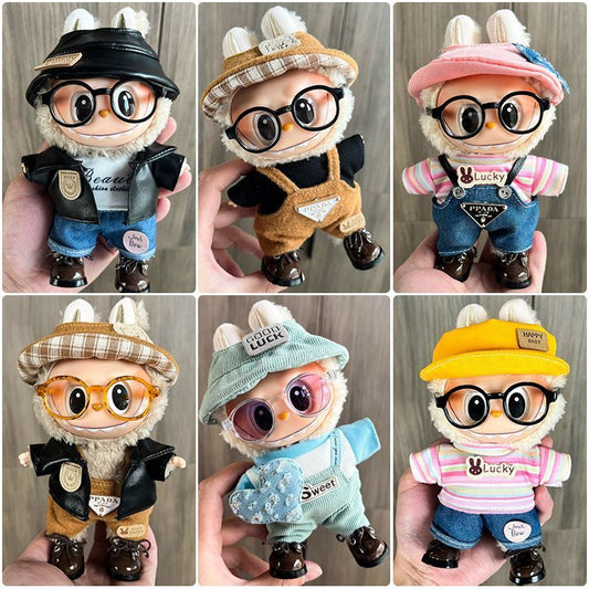 17cm Labubu Doll Clothes 15cm First Second Third Generation Labubu Outfit Set with Fisherman Hat and Macaron Stand Pose