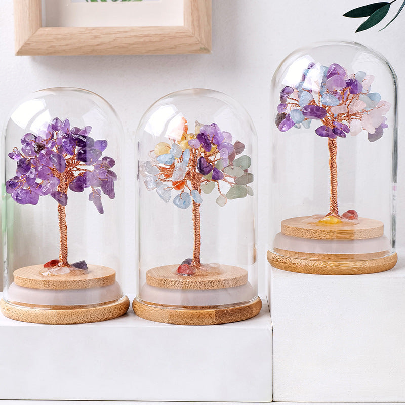 Natural crystal gravel fortune tree home decoration, hand-woven amethyst tree, glass cover creative micro landscape